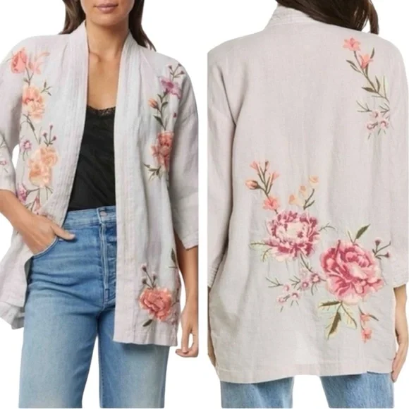 Johnny Was | Vienna Linen Light Gray Floral Embroidered Kimono Top Size XL NWT - Picture 1 of 8